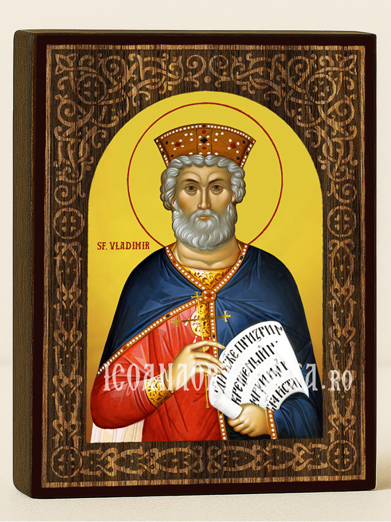 Icoană cu Sfântul Vladimir cu arcadă florală din lemn