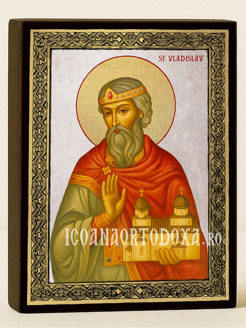 Icoană cu Sfântul Vladislav cu fundal argintiu și ramă aurită