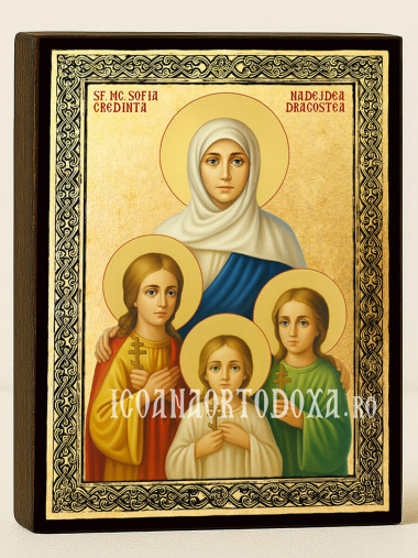 Icoană aurită cu Sfintele Mucenițe Sofia, Credința, Nădejdea și Dragostea și ramă decorativă