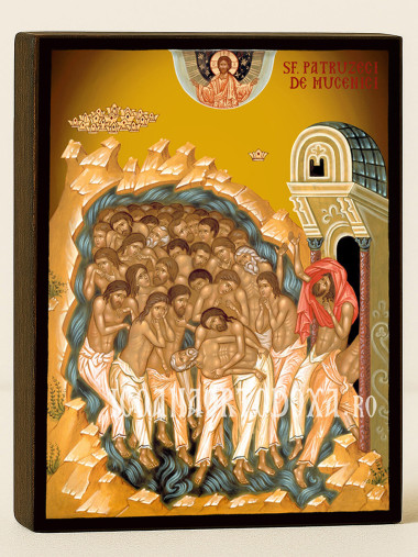 Icoană ortodoxă cu Sfinții 40 de Mucenici cu fundal galben luminos