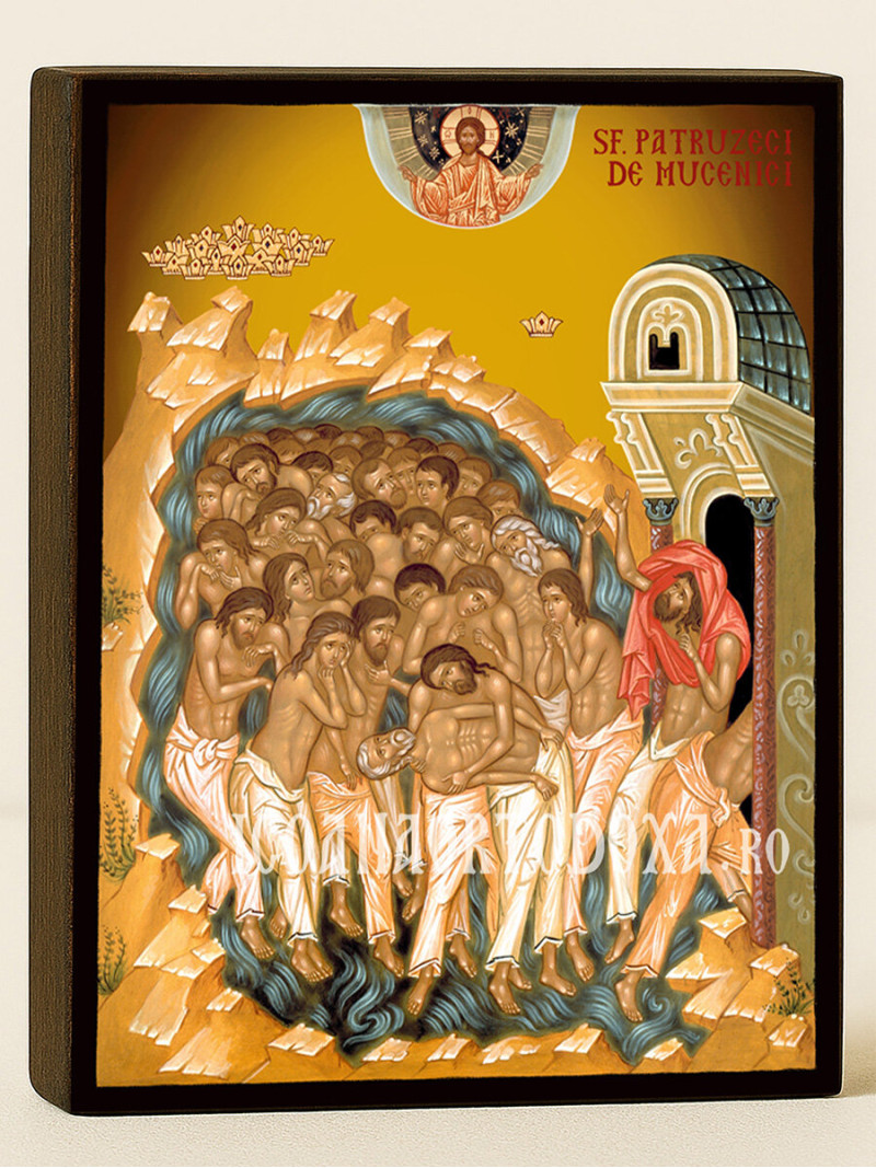 Icoană ortodoxă cu Sfinții 40 de Mucenici cu fundal galben luminos