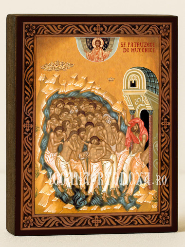 Icoană ortodoxă cu Sfinții 40 de Mucenici cu ramă decorativă stil sculptat