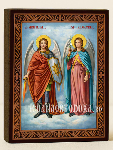 Icoană a Sfinților Arhangheli Mihail și Gavriil cu ramă decorativă