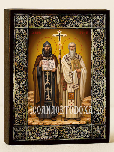 Icoană cu Sfinții Chiril și Metodiu cu ramă florală decorativă