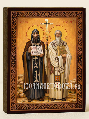Icoană cu Sfinții Chiril și Metodiu cu ramă decorativă sculpturală