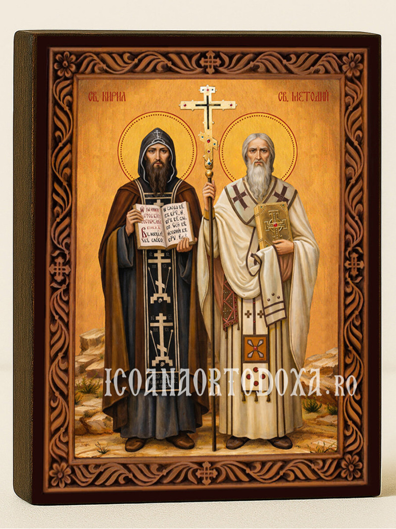 Icoană cu Sfinții Chiril și Metodiu cu ramă decorativă sculpturală
