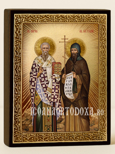 Icoană cu Sfinții Chiril și Metodiu cu raze aurii decorative