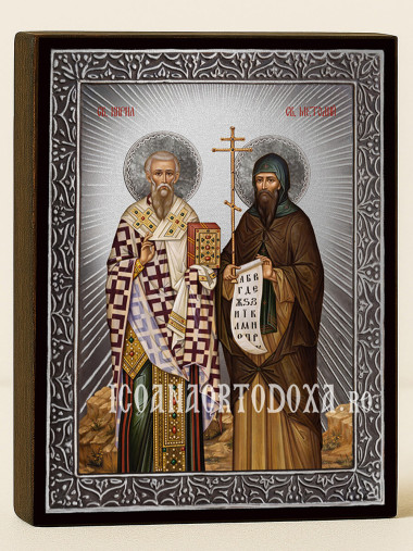 Icoană cu Sfinții Chiril și Metodiu cu raze argintii decorative