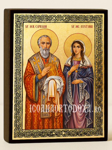 Icoană aurită cu Sfinții Ciprian și Iustina și ramă decorativă