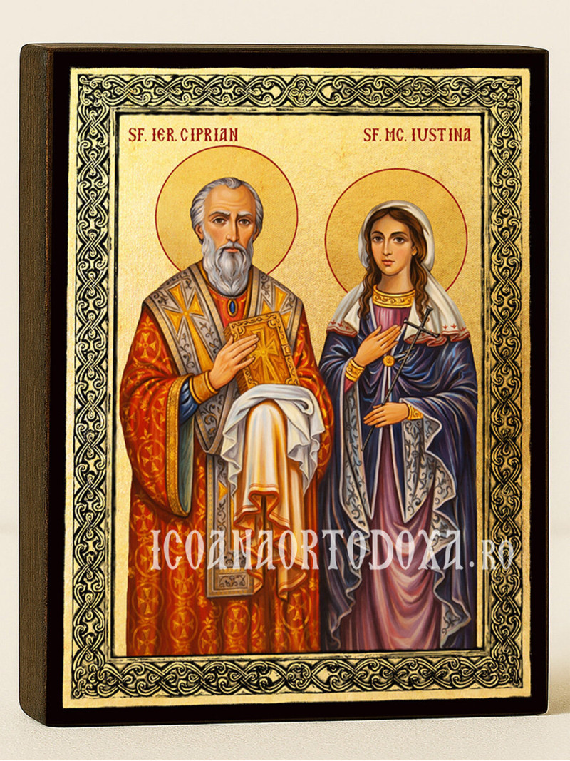 Icoană aurită cu Sfinții Ciprian și Iustina și ramă decorativă