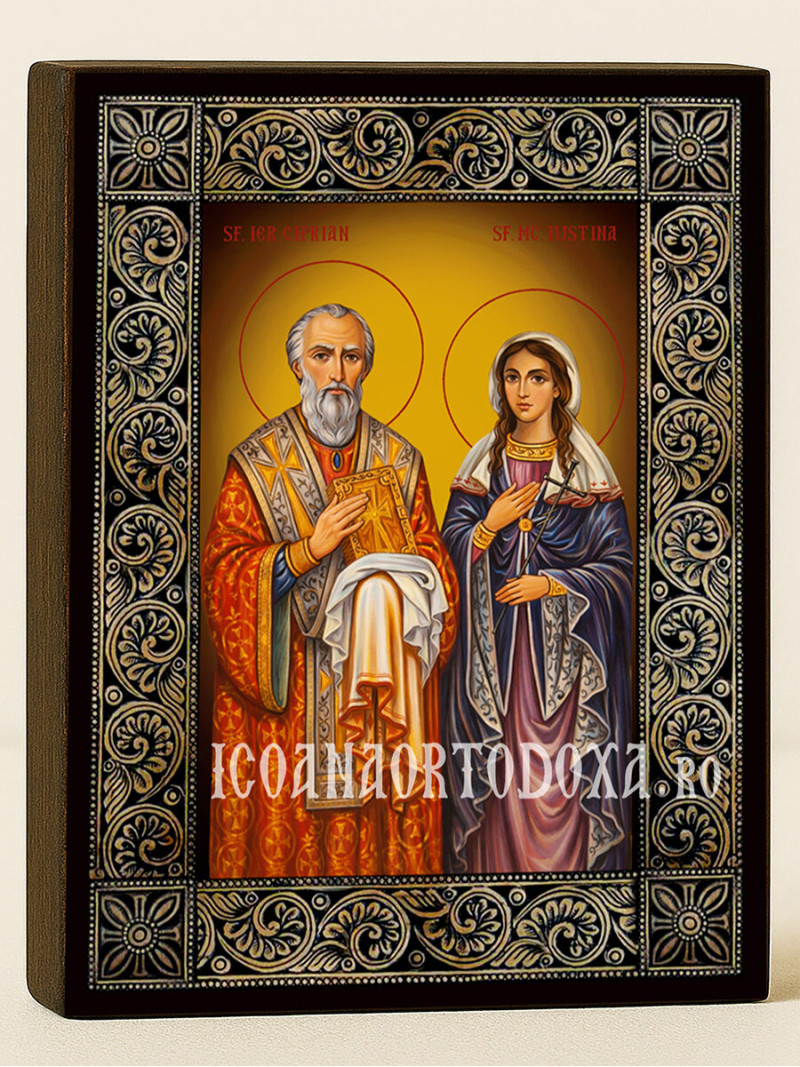 Icoană cu Sfinții Ciprian și Iustina cu ramă florală decorativă