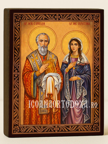 Icoană cu Sfinții Ciprian și Iustina cu ramă decorativă sculpturală