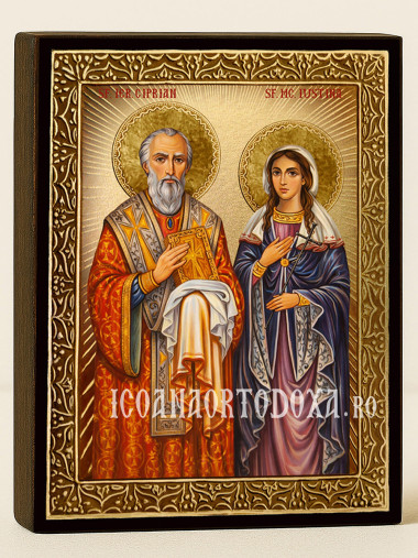 Icoană cu Sfinții Ciprian și Iustina cu raze aurii decorative