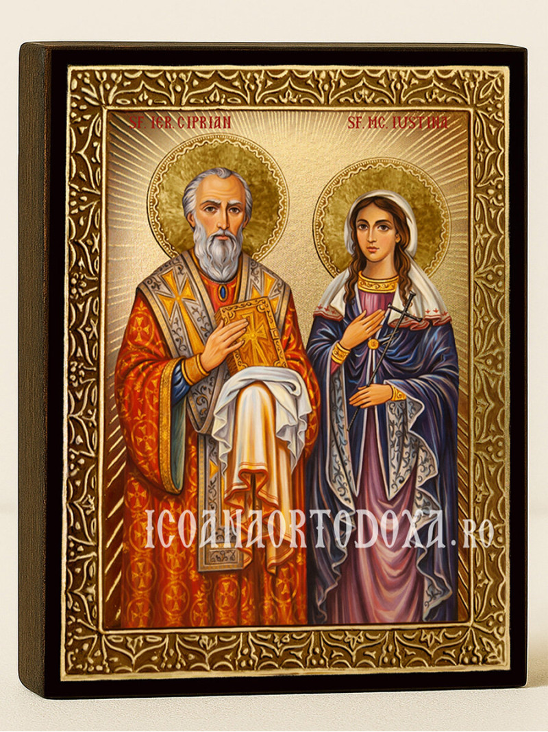 Icoană cu Sfinții Ciprian și Iustina cu raze aurii decorative