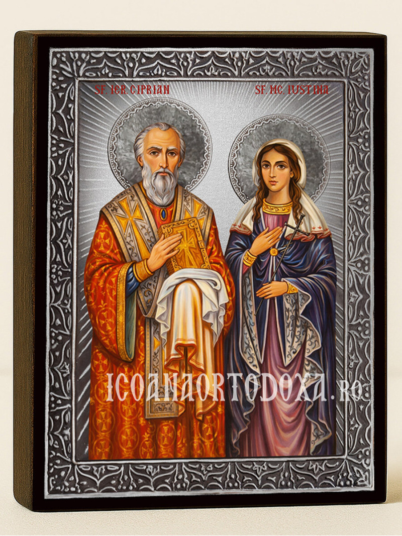 Icoană cu Sfinții Ciprian și Iustina cu raze argintii decorative