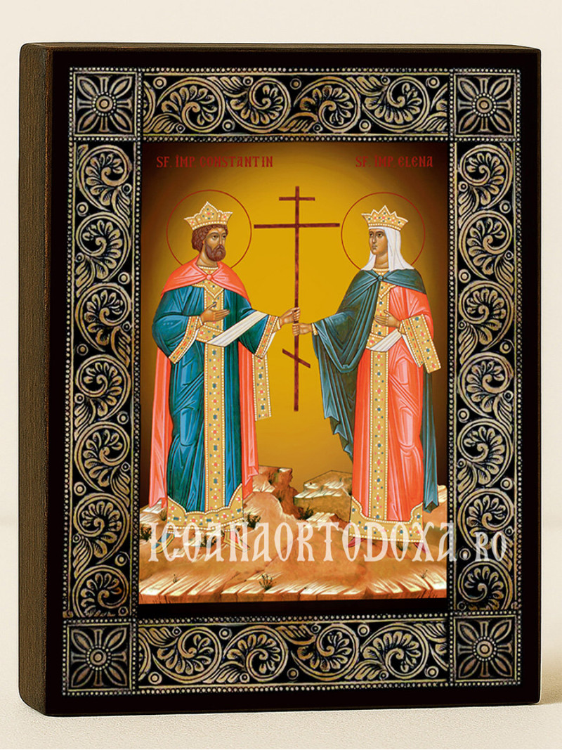 Icoană cu Sfinții Constantin și Elena cu ramă florală decorativă