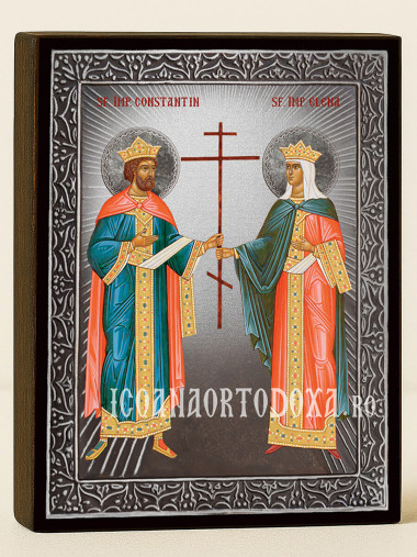 Icoană cu Sfinții Constantin și Elena cu raze argintii decorative
