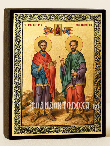 Icoană aurită cu Sfinții Cozma și Damian și ramă decorativă