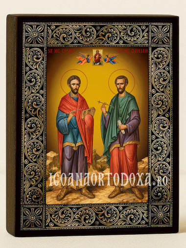 Icoană cu Sfinții Cozma și Damian cu ramă florală decorativă