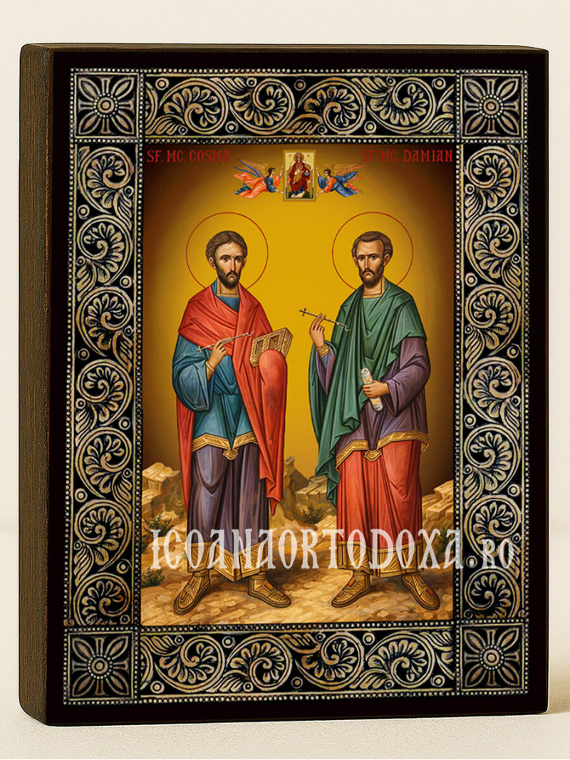 Icoană cu Sfinții Cozma și Damian cu ramă florală decorativă