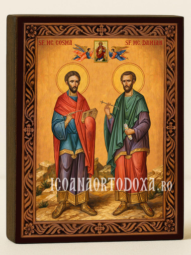 Icoană cu Sfinții Cozma și Damian cu ramă decorativă sculpturală