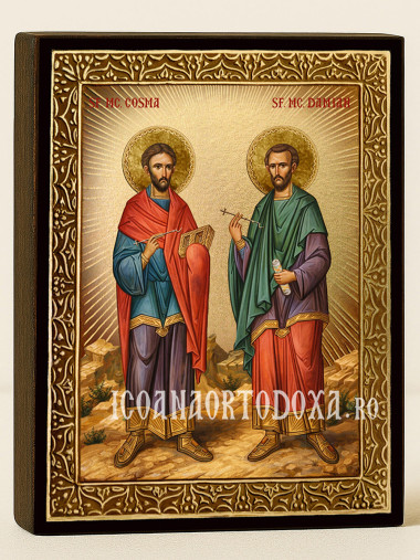 Icoană cu Sfinții Cozma și Damian cu raze aurii decorative