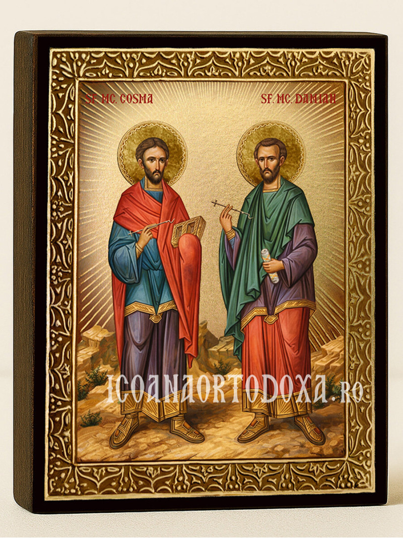 Icoană cu Sfinții Cozma și Damian cu raze aurii decorative