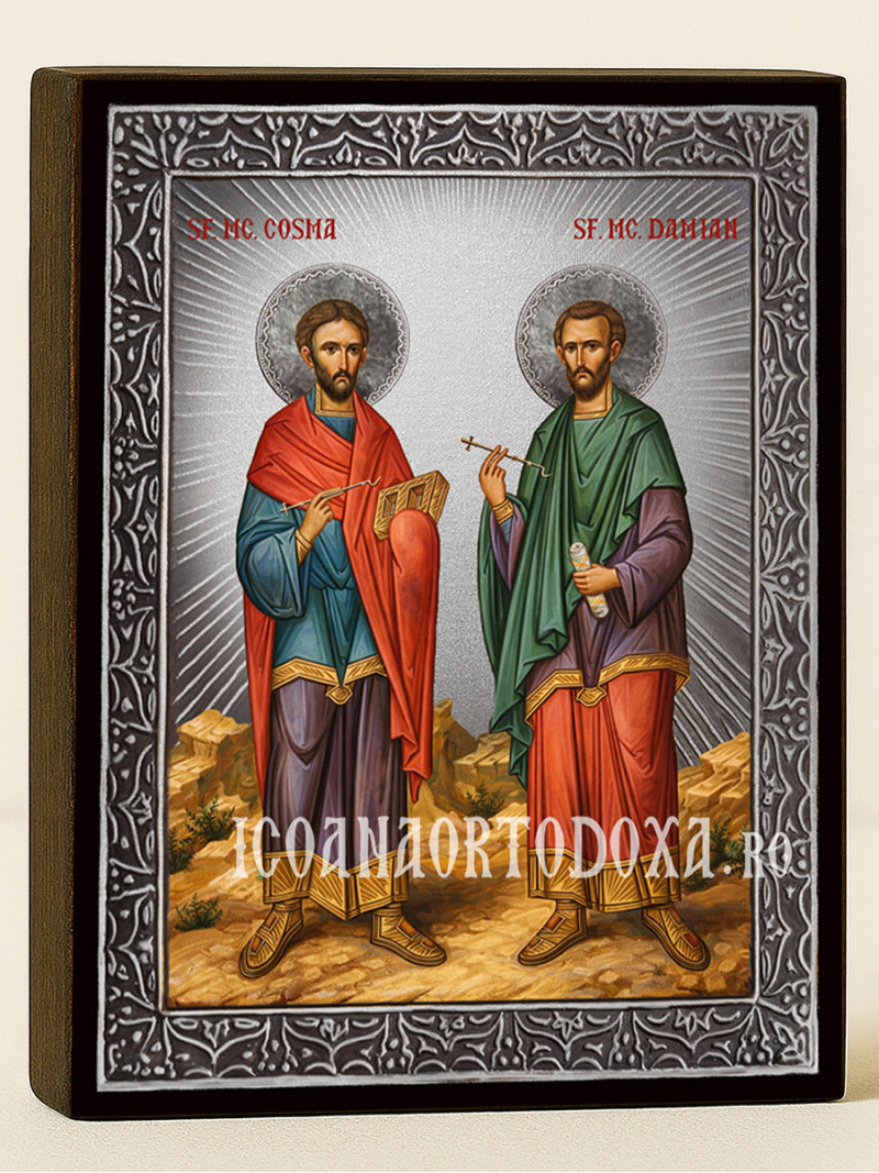 Icoană cu Sfinții Cozma și Damian cu raze argintii decorative