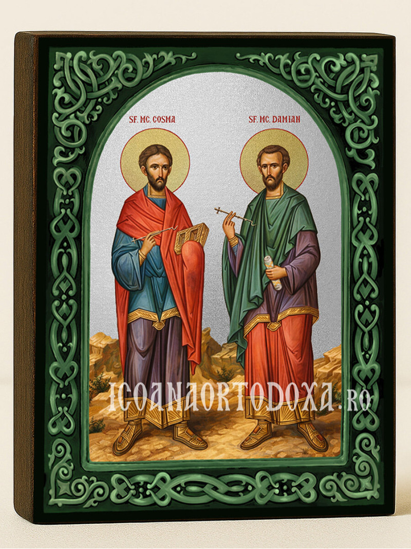 Icoană cu Sfinții Cozma și Damian cu arcadă florală verde
