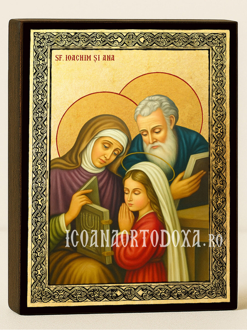 Icoană aurită cu Sfinții Ioachim și Ana și ramă decorativă