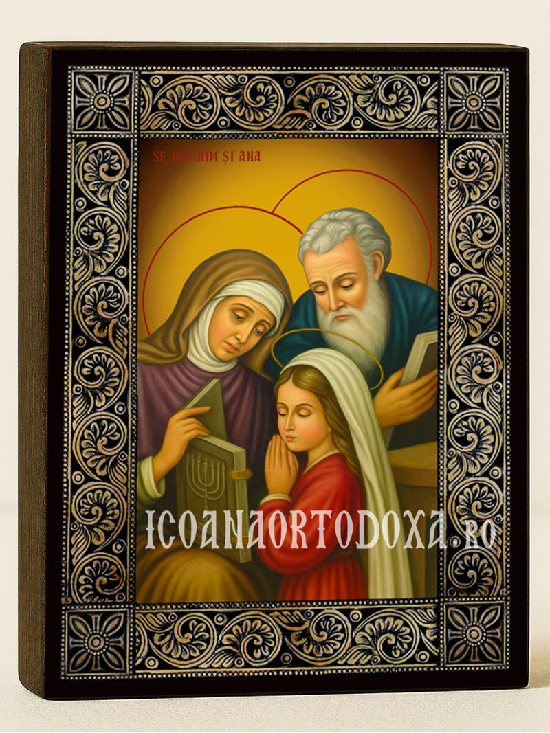 Icoană cu Sfinții Ioachim și Ana cu ramă florală decorativă