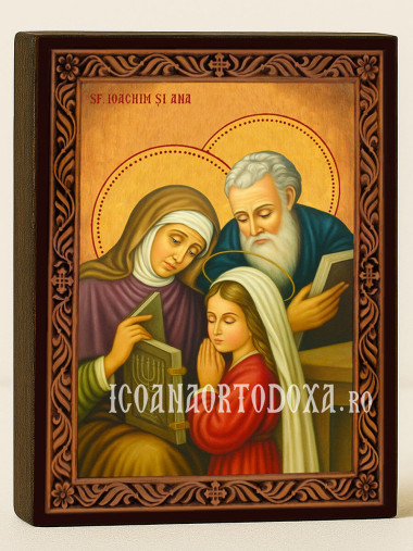 Icoană cu Sfinții Ioachim și Ana cu ramă decorativă sculpturală