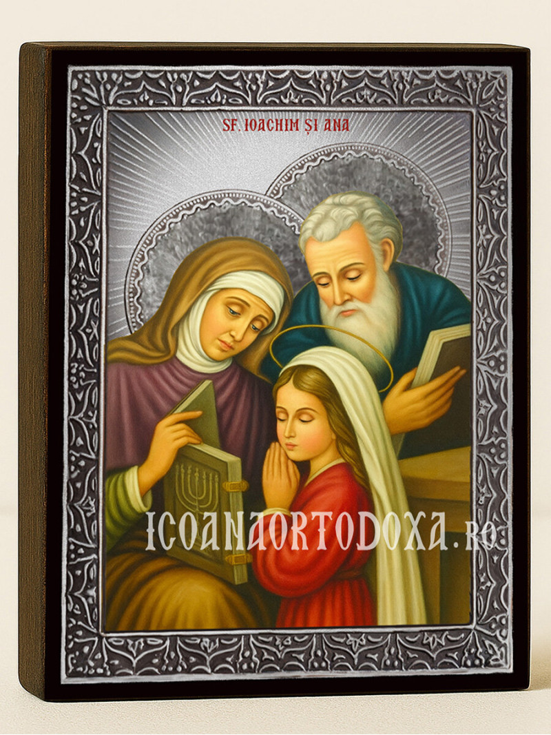 Icoană cu Sfinții Ioachim și Ana cu raze argintii decorative