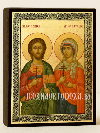 Icoană aurită cu Sfinții Mucenici Adrian și Natalia și ramă decorativă