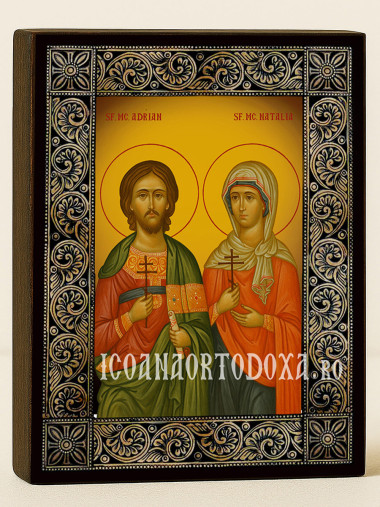 Icoană cu Sfinții Mucenici Adrian și Natalia cu ramă florală decorativă