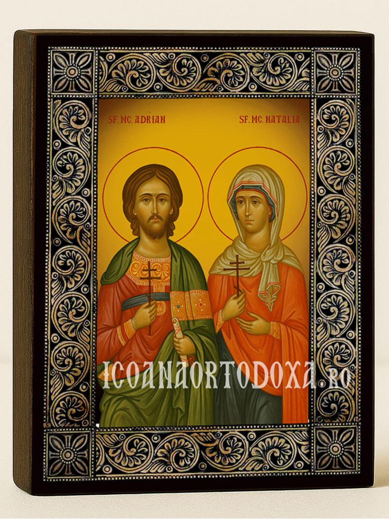 Icoană cu Sfinții Mucenici Adrian și Natalia cu ramă florală decorativă