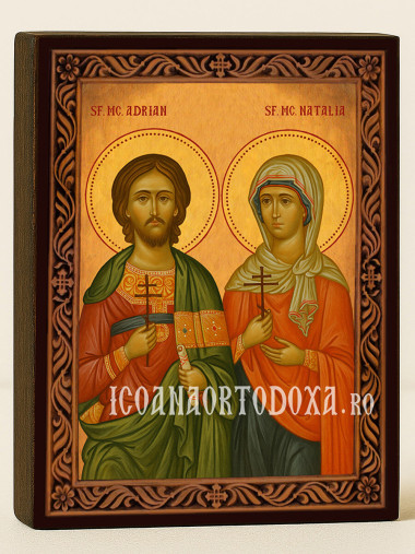 Icoană cu Sfinții Mucenici Adrian și Natalia cu ramă decorativă sculpturală