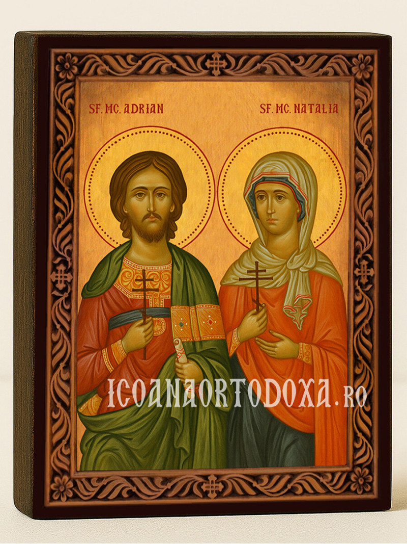 Icoană cu Sfinții Mucenici Adrian și Natalia cu ramă decorativă sculpturală