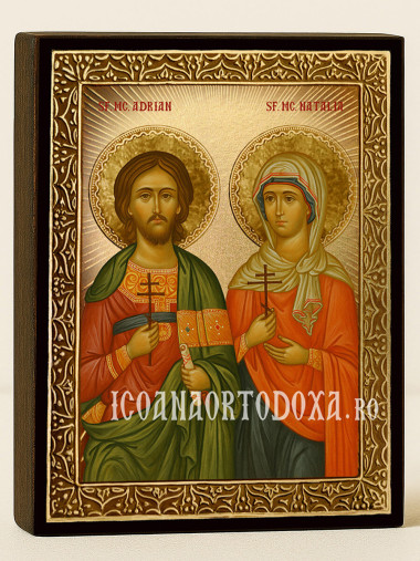 Icoană cu Sfinții Mucenici Adrian și Natalia cu raze aurii decorative