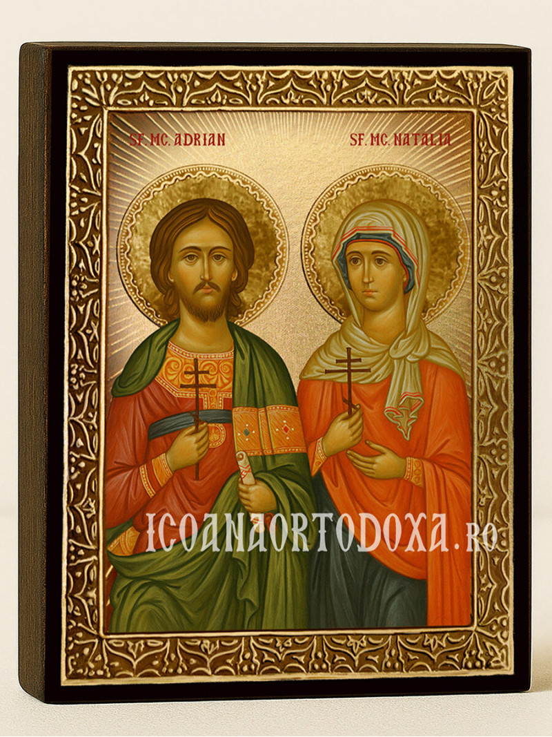 Icoană cu Sfinții Mucenici Adrian și Natalia cu raze aurii decorative