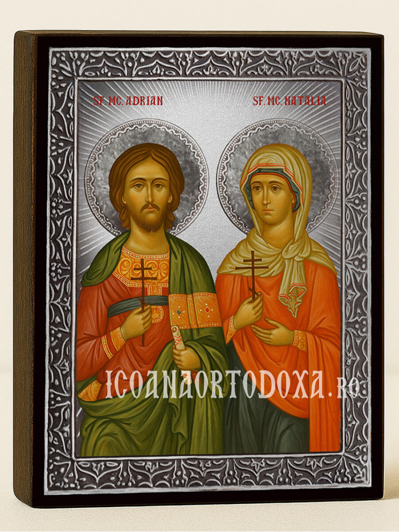 Icoană cu Sfinții Mucenici Adrian și Natalia cu raze argintii decorative