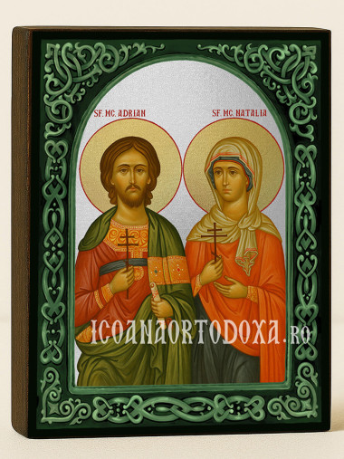 Icoană cu Sfinții Mucenici Adrian și Natalia cu arcadă florală verde