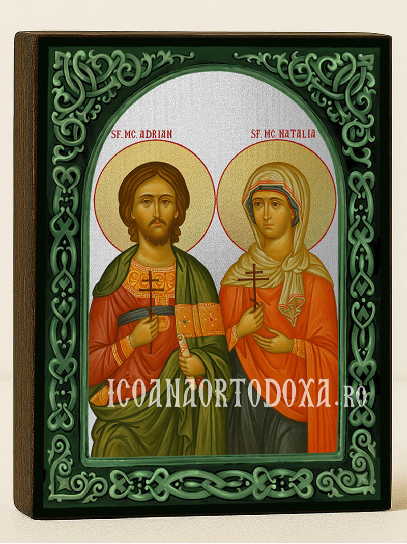 Icoană cu Sfinții Mucenici Adrian și Natalia cu arcadă florală verde