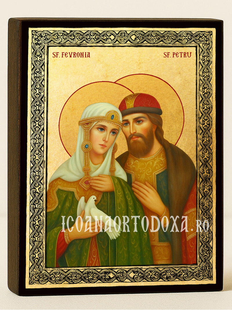 Icoană aurită cu Sfinții Petru și Fevronia și ramă decorativă