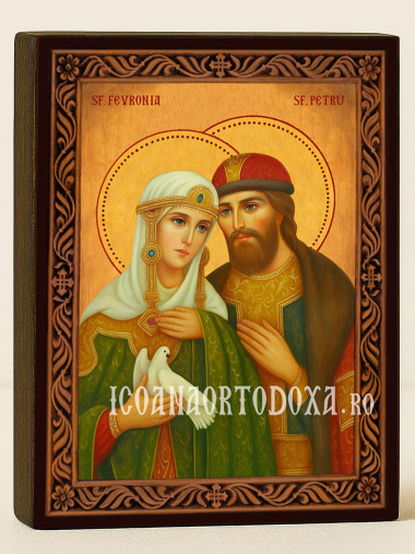 Icoană cu Sfinții Petru și Fevronia cu ramă decorativă sculpturală