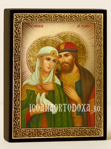 Icoană cu Sfinții Petru și Fevronia cu raze aurii decorative