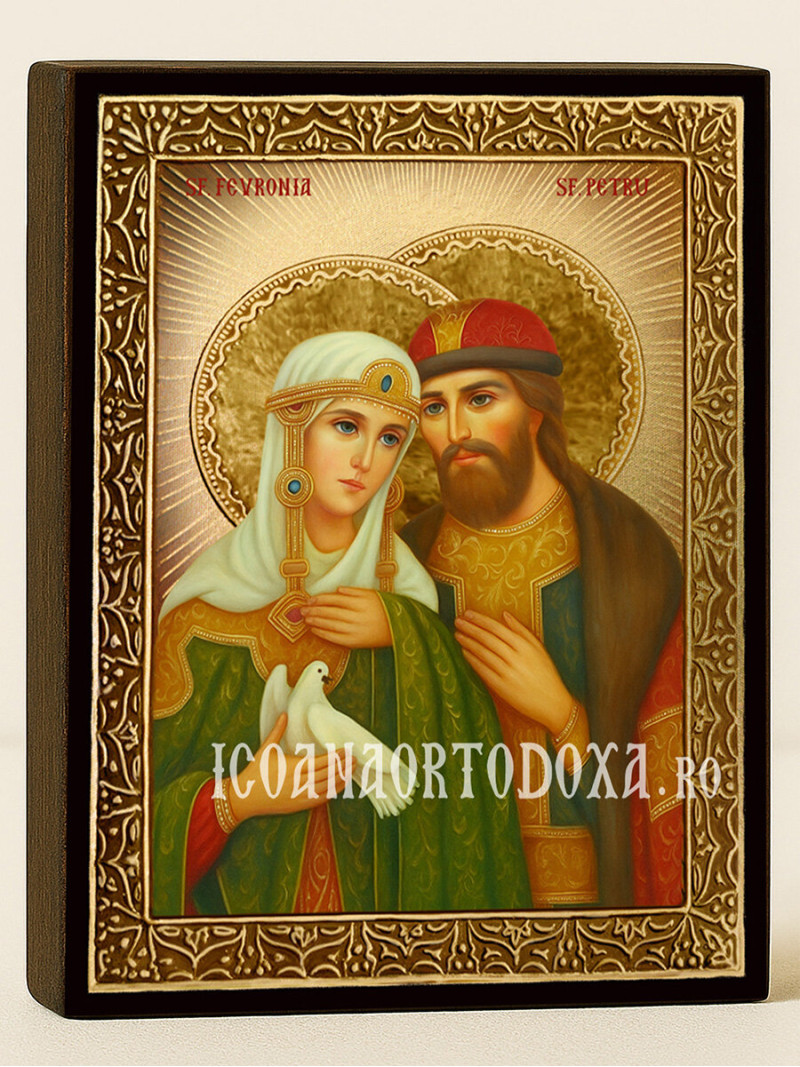 Icoană cu Sfinții Petru și Fevronia cu raze aurii decorative