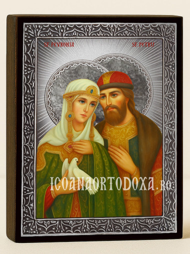 Icoană cu Sfinții Petru și Fevronia cu raze argintii decorative