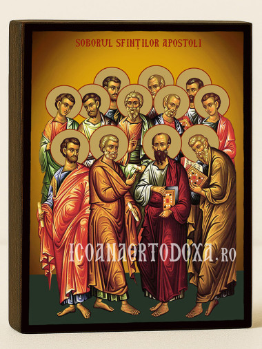 Icoană ortodoxă cu Soborul Sfinților Apostoli cu fundal galben luminos
