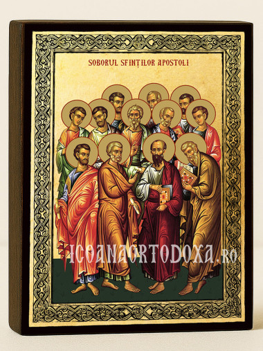 Icoană aurită cu Soborul Sfinților Apostoli cu fundal și ramă aurie